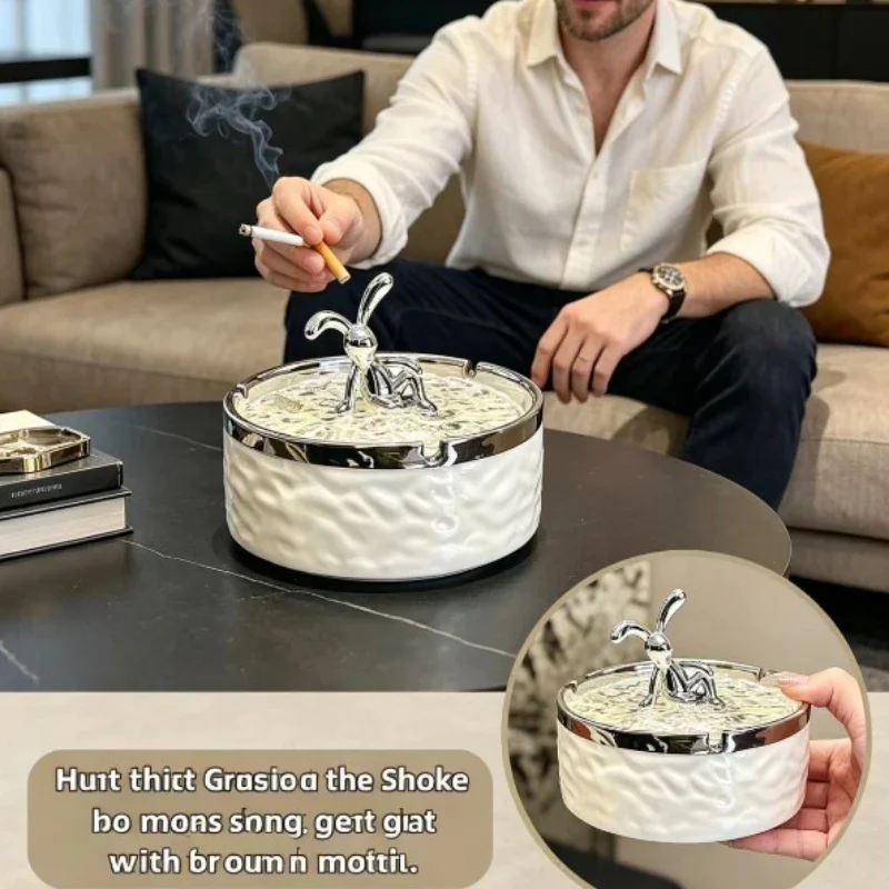 Luxuriöser Keramik-Aschenbecher mit Deckel, Anti-Asche-Flug, Kreativ, Hochwertig, Hellcremefarben für Haushalt und Wohnzimmer