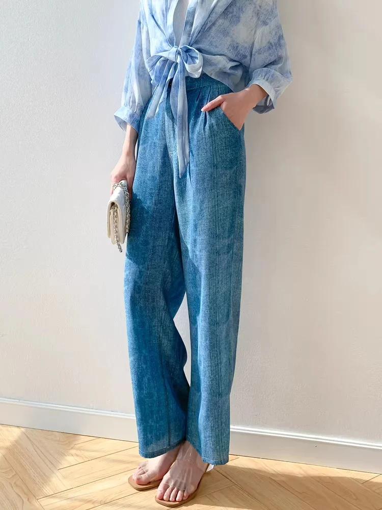 Birdtree, 16MM 100% Real Silk Denim Print Pants, Women's Double Crepe Straight Trousers, Elastic Waist, 2026 Spring New P63013JF