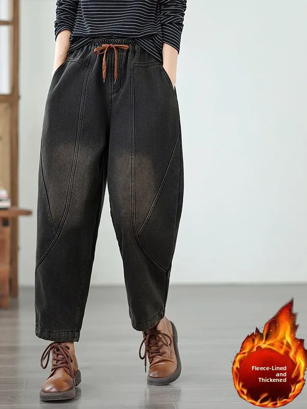 

Утепленные джинсы большого размера свободного кроя для женщин, с высокой талией, прямые брюки, зимние, модные, в стиле Харадзюку, D...