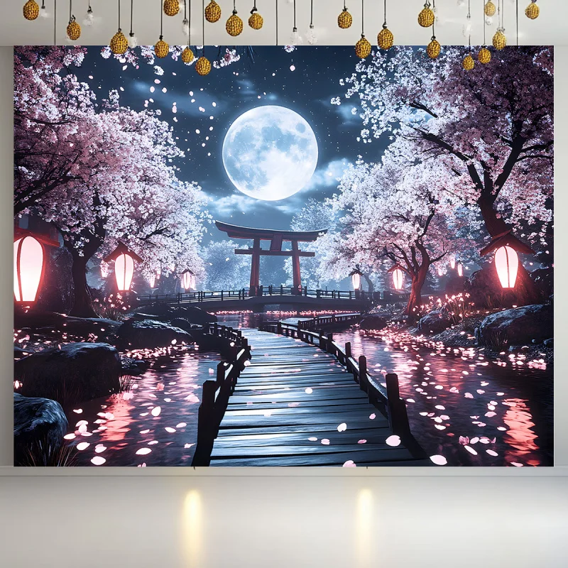 VIKAMA Moonlit Cherry Blossom Tapestry, Japanese Torii Gate Stream Wall Hanging, Calming Nature Decor For Living Room