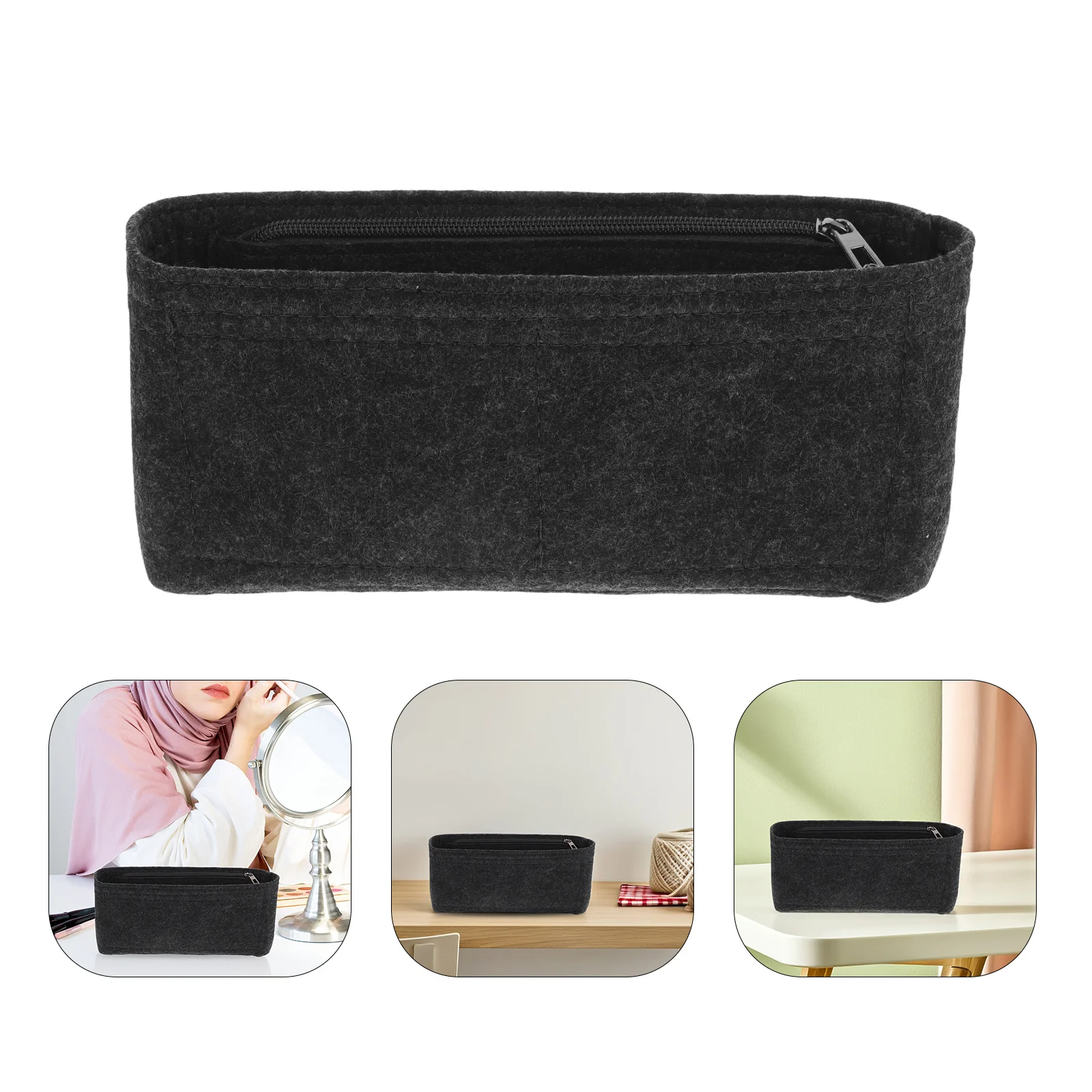 

Felt Makeup Bag Large Capacity Dark Gray Multi Purpose Organizer Travel Skincare Jewelry Storage Zipper Pouch