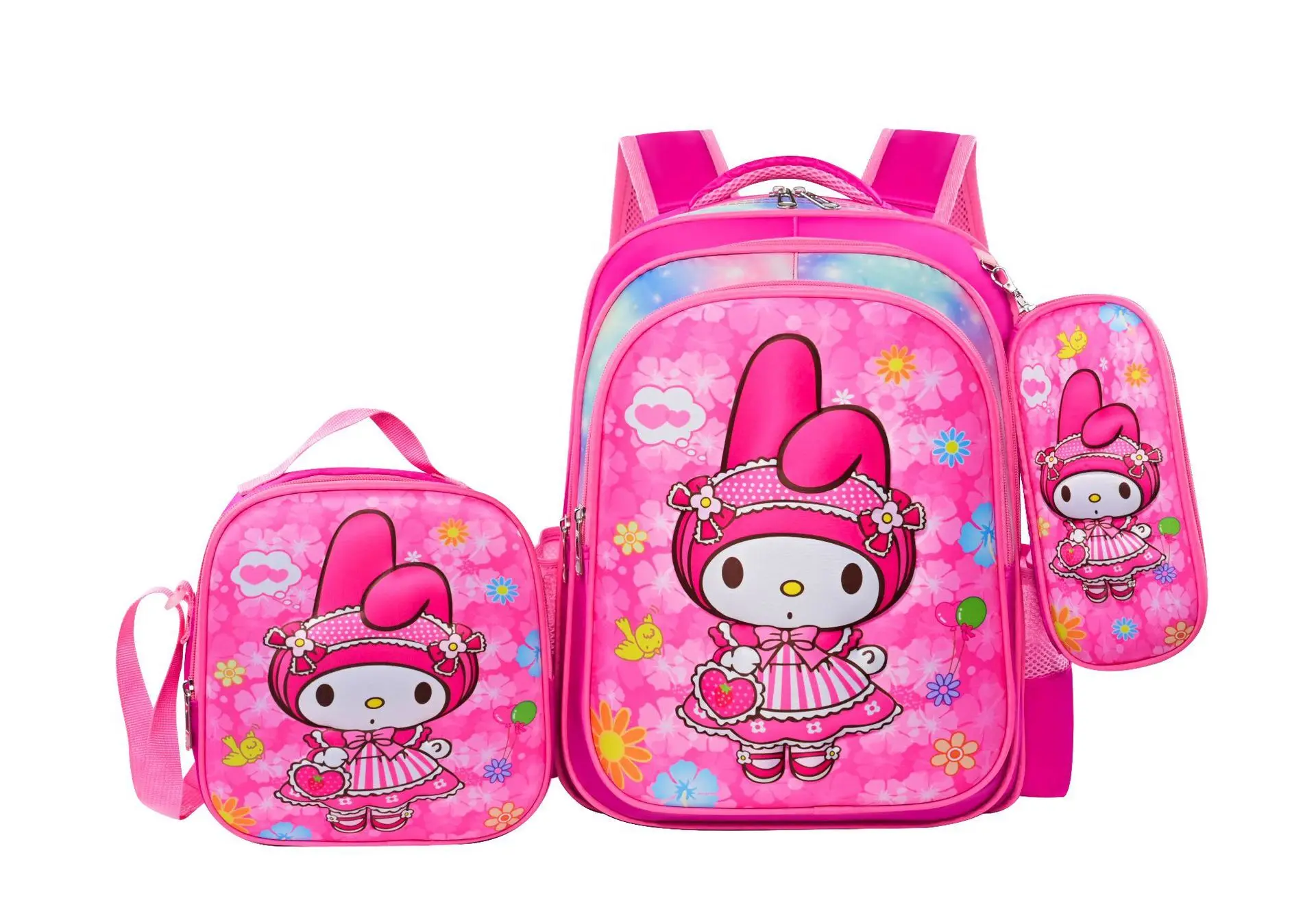 Miniso 3D Hello Kitty Backpack Elementary School Backpacks 3-piece Set Children\'s Cartoon Backpack And Pencil Case And Meal Bag