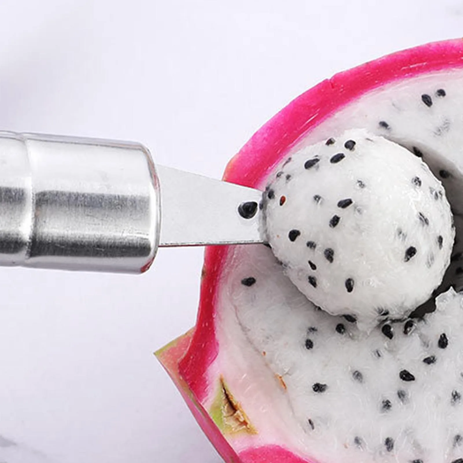 

Double-Sided Stainless Steel Melon Baller with Comfort Grip, Effortless Ice Cream Scoop for Fruits, Cakes, and Parties