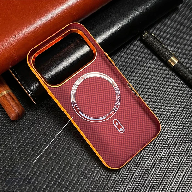 حافظة فاخرة من ألياف الكربون برتقالية لهاتف آيفون 17 برو ماكس / 17 برو شحن لاسلكي من خليط معدني لحماية العدسات غطاء الكمبيوتر #3
