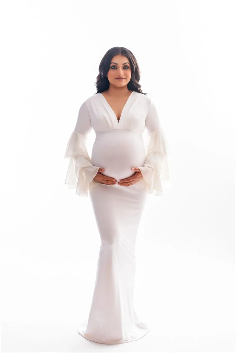 White Woman Wedding Sleepwear Maternity Prom Dress V Neck Full Sleeves Pregnancy Bridal Robes Evening Gown Autumn Customized