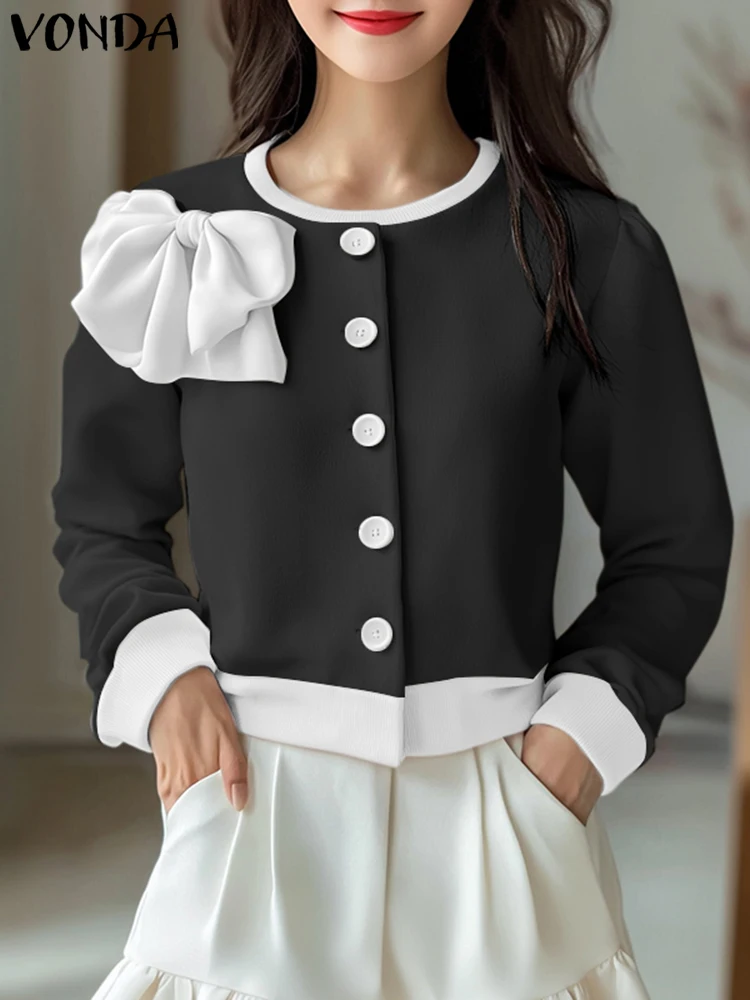 VONDA CasualหลวมOคอเสื้อผู้หญิงเสื้อแขนยาวElegant Splicing Bow Tie Tops 2025 Bohemian Blusasขนาดใหญ่
