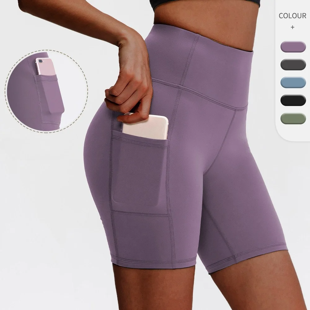 Women High Waist Yoga Shorts With Phone Pocket Tummy Control Butt Lifting Biker Shorts Running Gym Fitness Sports Shorts