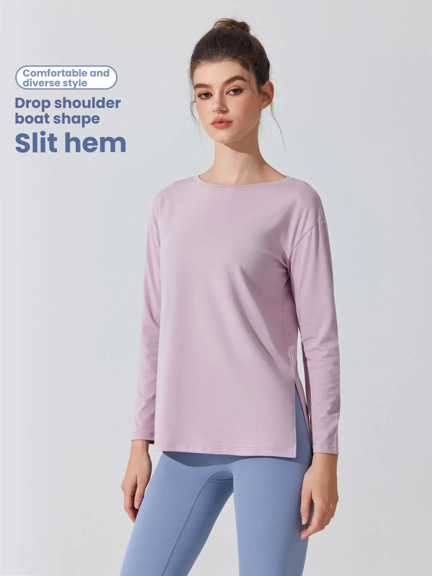 

Женская футболка с длинным рукавом, повседневный спортивный топ, свободная трикотажная рубашка в рубчик с круглым вырезом и разрезом подол, одежда для йоги, бега, женская одежда