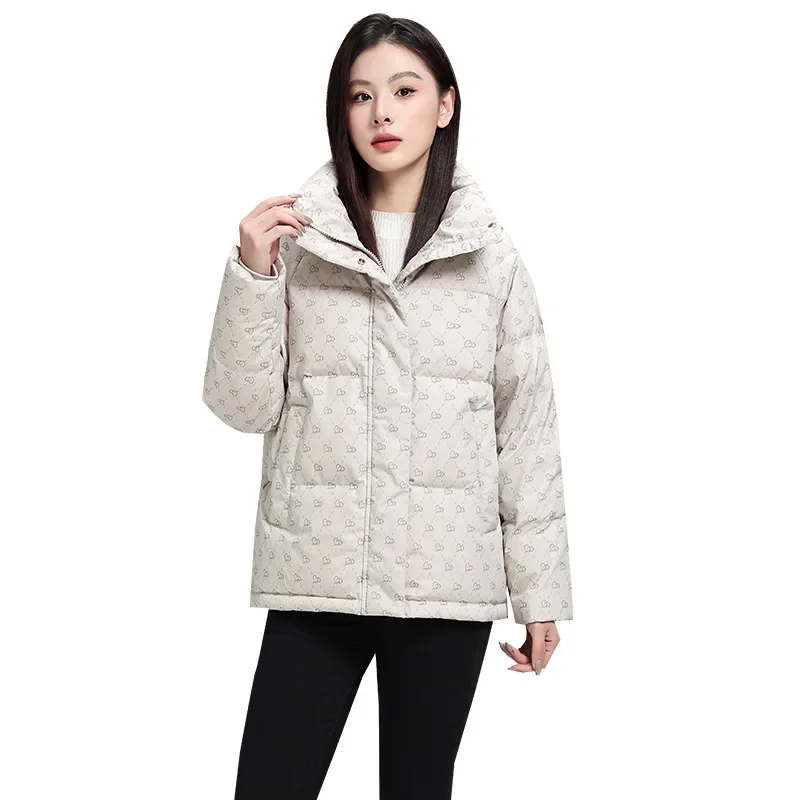 Women's Autumn Winter Top Coat Cotton Coat Printed Stand-up Collar Short Thickened Fleece Lining Simple Casual Design Fashion