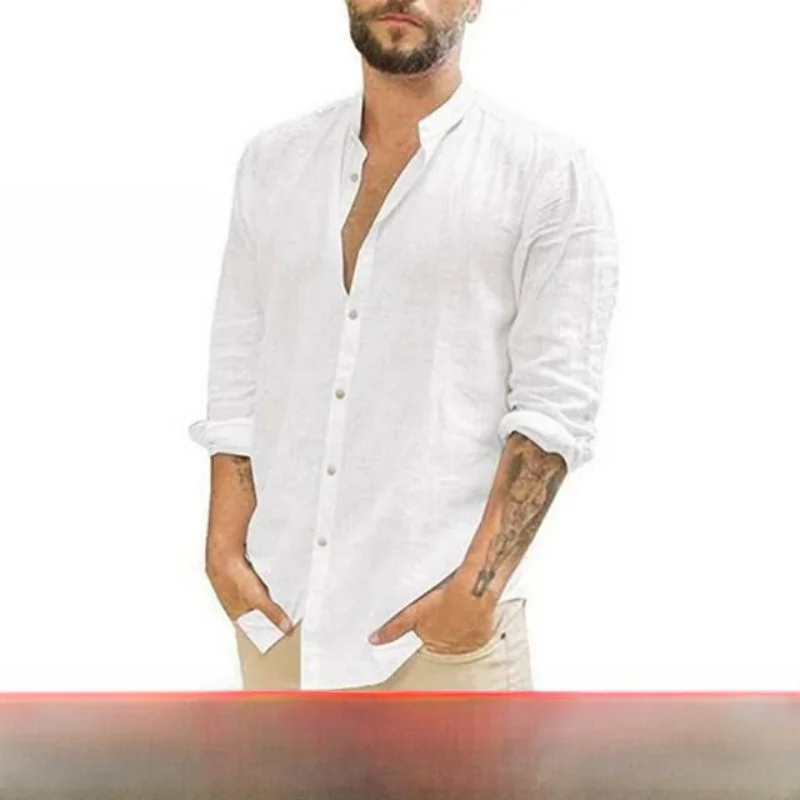 

Summer White Cotton Linen Men's Aloha irt Stand Fit Long Sve Water Waed Youthful Sle Stand Collar T-irt