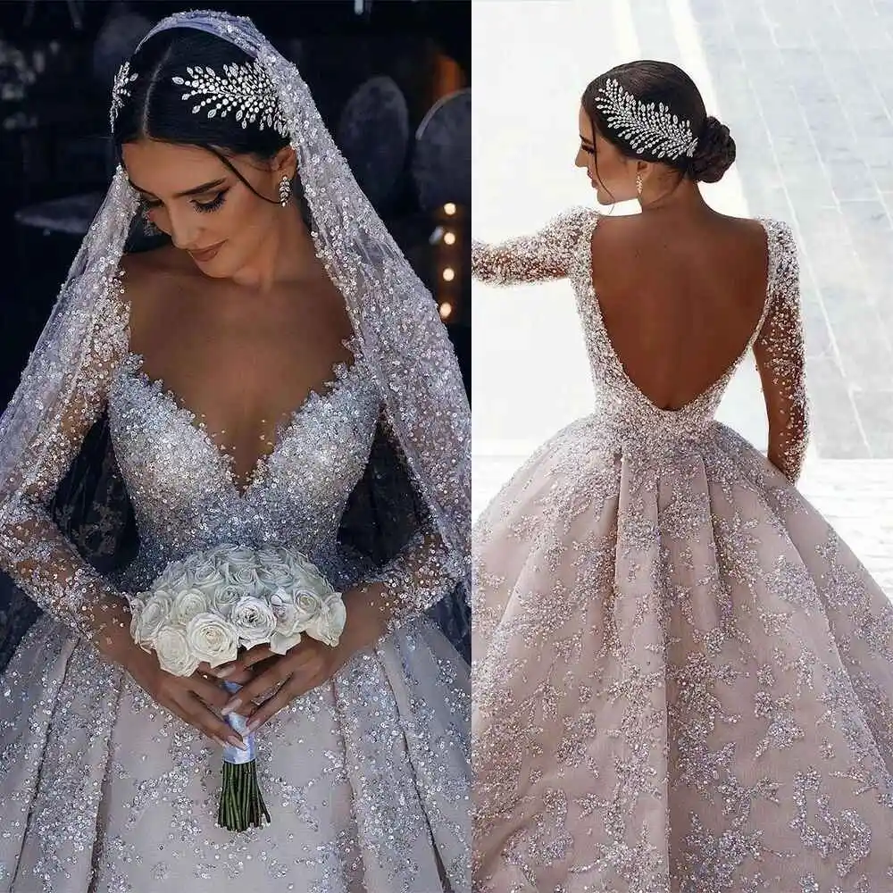 

Dreamy Ball Gown Wedding Dresses Appliques Sequins Lace V-Neck Bridal Gowns Big Size Vestidos De Novia Custom Size Colour