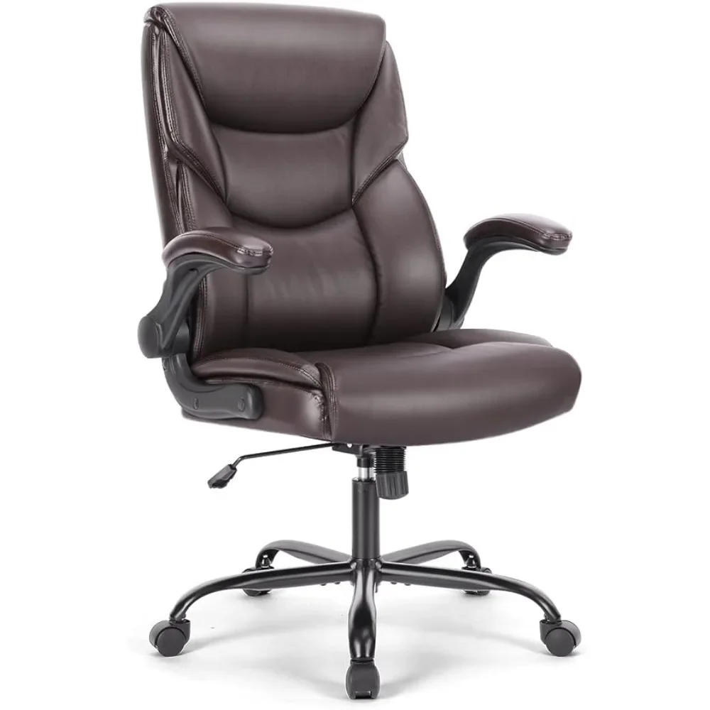 High Back Ergonomic Executive Desk Chair Mobile PU Leather Flip-Up Armrests Computer Chair Brown Office Backrest Furniture