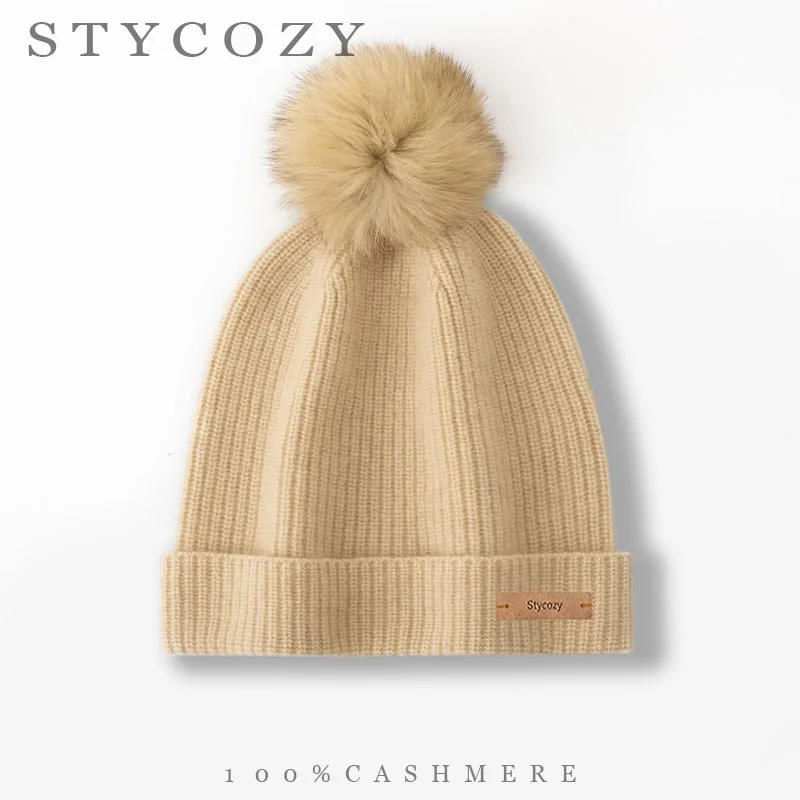 Women Men100%Cashmere PomPoms Knit Beanie Hat Understated Winter Warm Vertical Ridge Cuff Thick Skull Cap Daily Commute Headwear