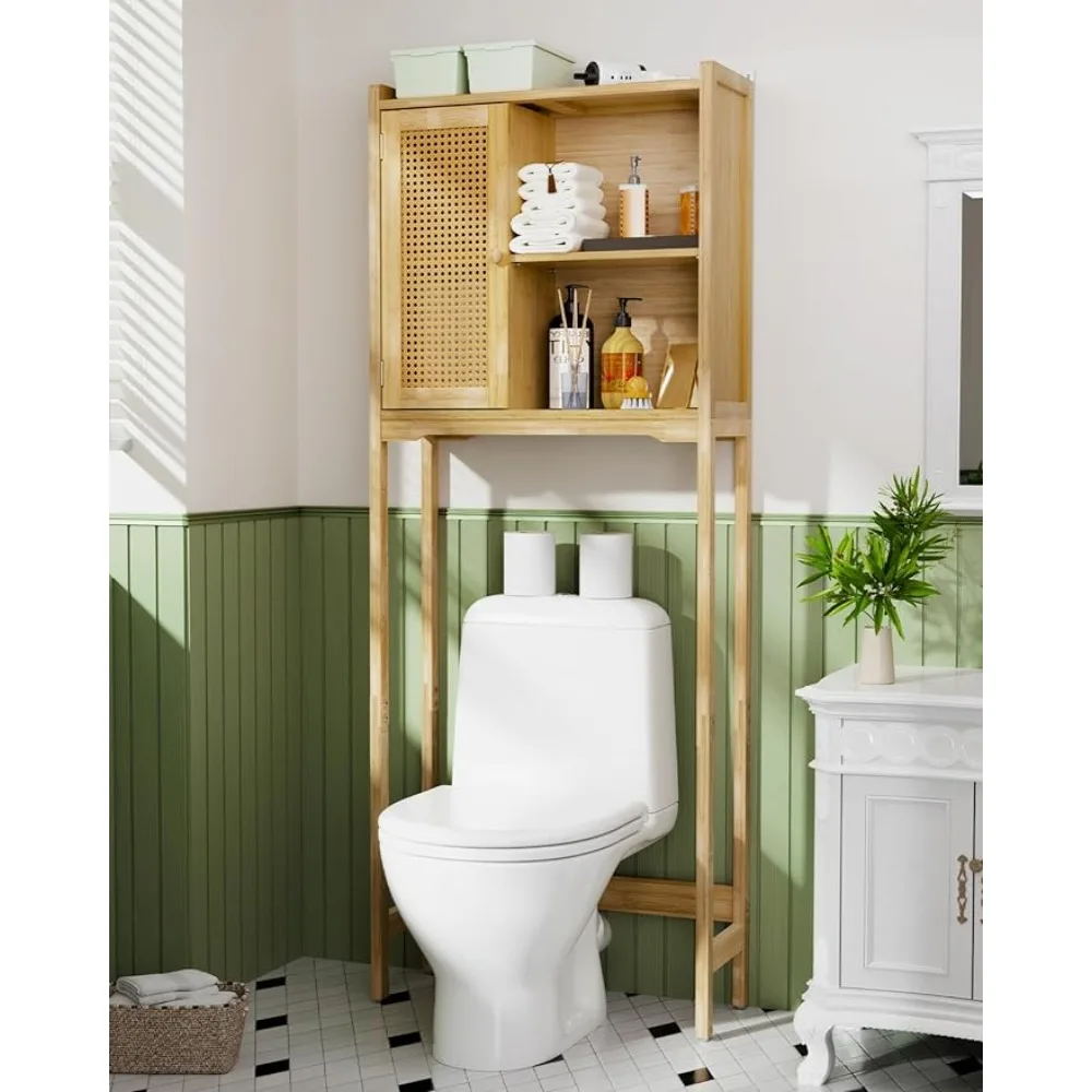 

Bathroom Storage Cabinet Behind Toilet With Adjustable Shelf and Rattan Door Space Saver Natural Color Freight Free Furniture