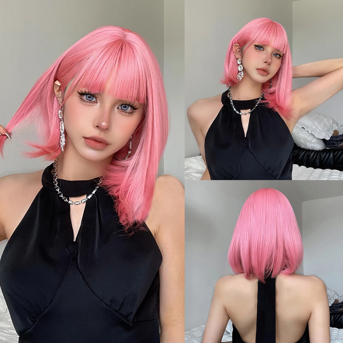 Pink Lolita Synthetic Wigs Short Straight Bob Wig Cosplay Natural Hair with Bangs Heat Resistant Colorful Party Wig for Girls