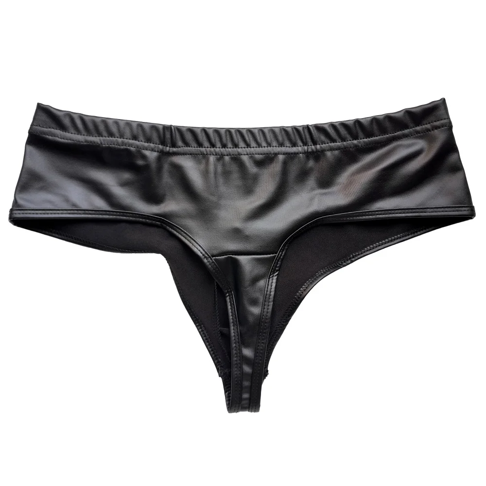 Men's Faux Leather Sexy Thongs With Penis Pouch Elastic Waistband Mini Briefs Underpants Sexy Soft Stretchy Underwear for Man
