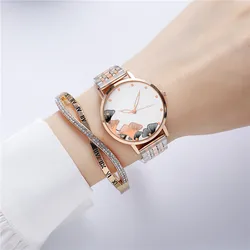 New Rhine-diamond Metal Chain Women's Quartz Watch Fashion High-grade Temperament Printed Pattern Between Gold Steel Belt Women'