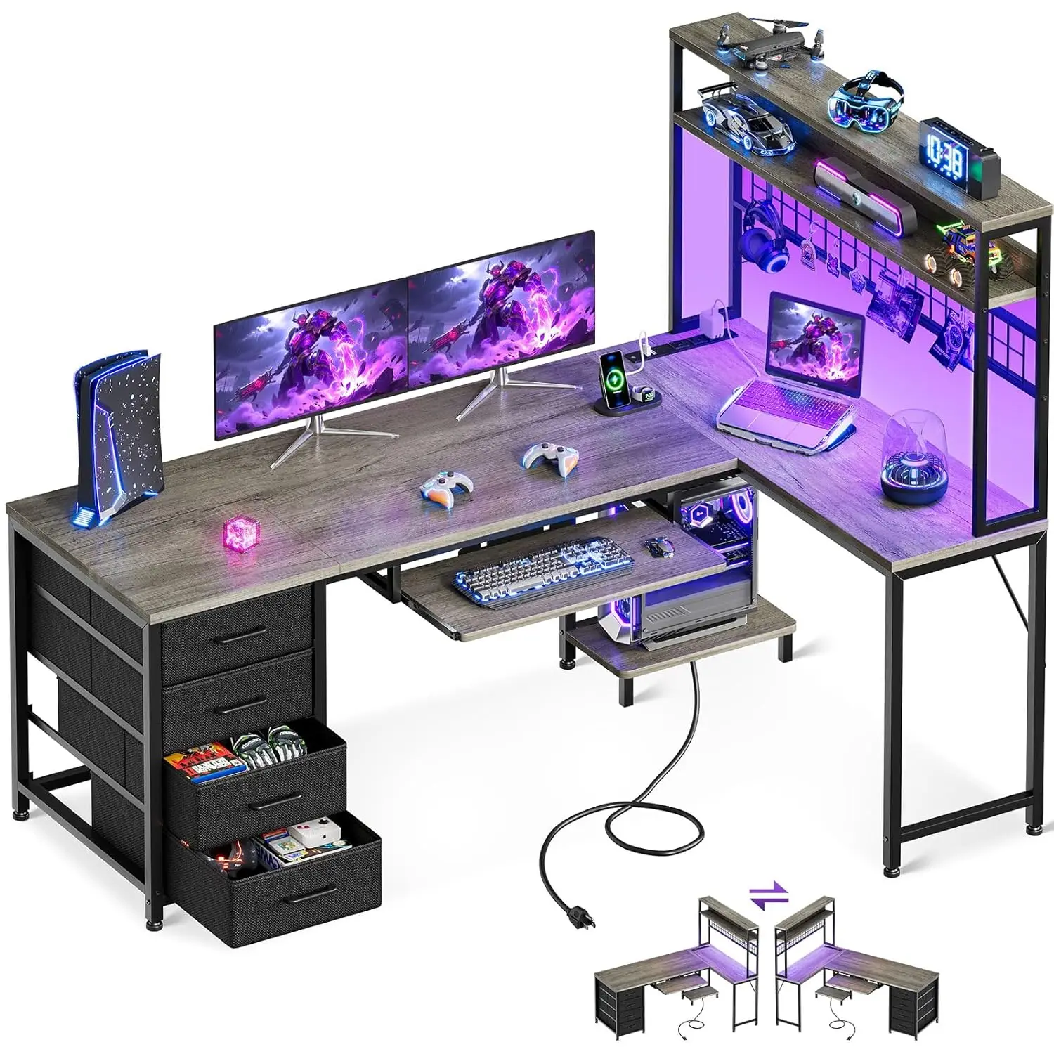 

Игровой стол 59 дюймов с LED-подсветкой, розетками, 4 ящиками, перфорированной панелью, выдвижной полкой для клавиатуры, полками и подставкой для системного блока, серый, на заказ