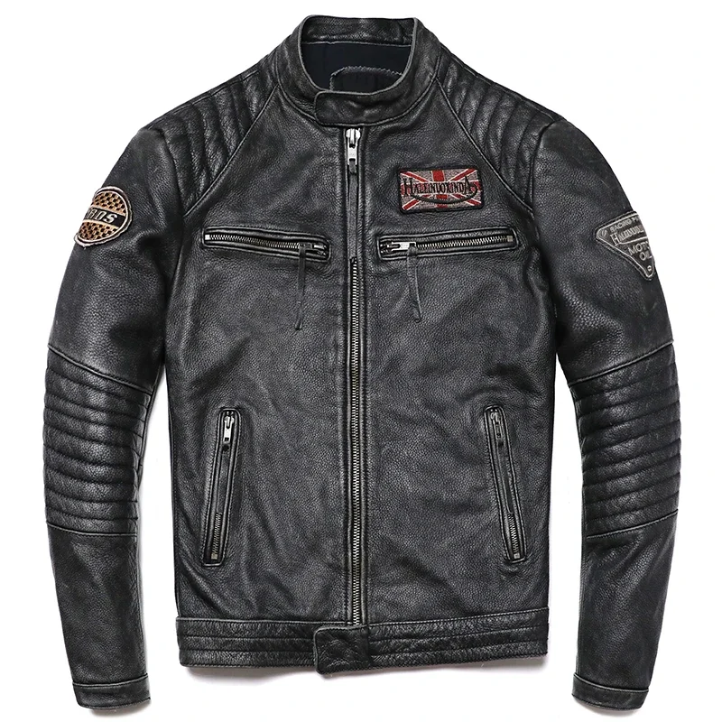 New Vintage Grey Motorcycle Genuine Leather Jacket Men's Biker Natural Cowhide Jackets Man Slim Cool Clothing Coat