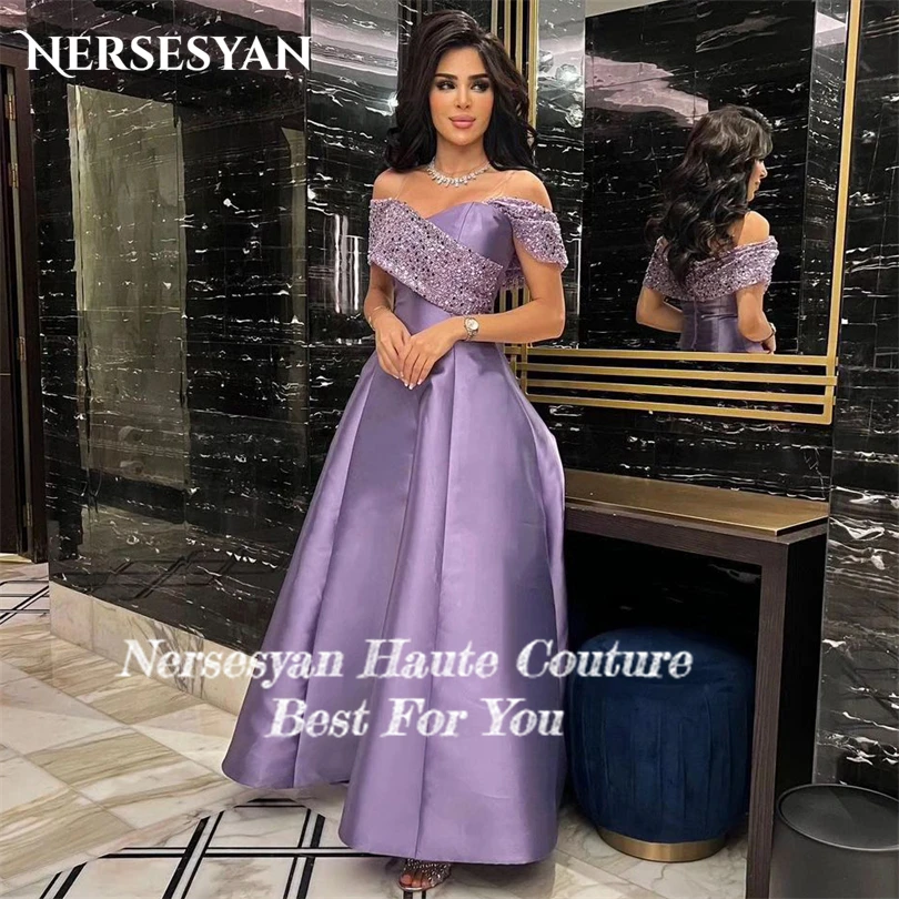 Nersesyan Purple Glitter Sequins Formal Evening Dresses Off The Shoulder Satin Sexy Prom Gowns A Line Long Vestidos De Fiesta