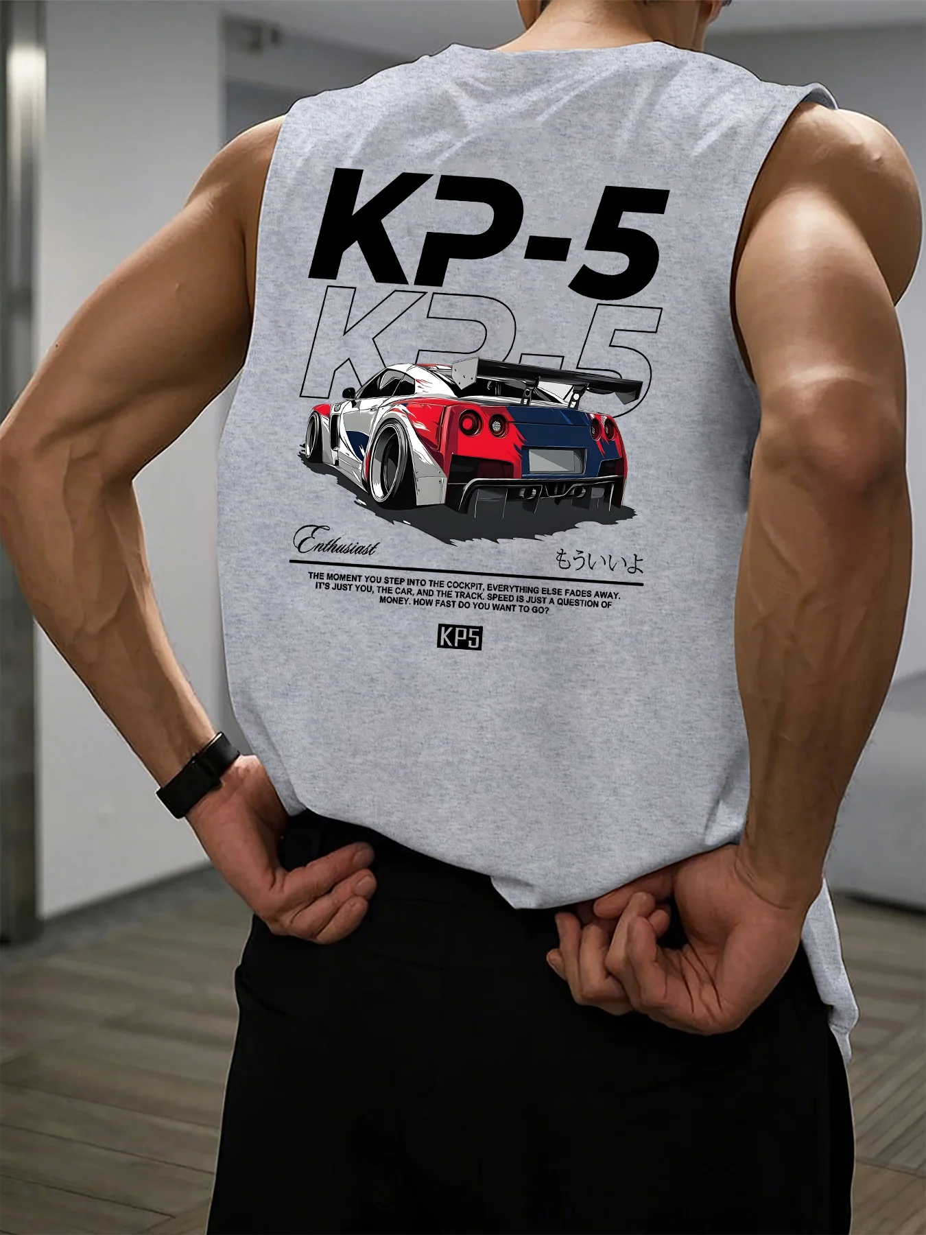 Camiseta Regata Masculina 100% Algodão Pura, Estampa KP5 Racing, Gola Redonda, Sem Mangas, Ajuste Solto, Respirável, Moda Casual Esportiva de Verão