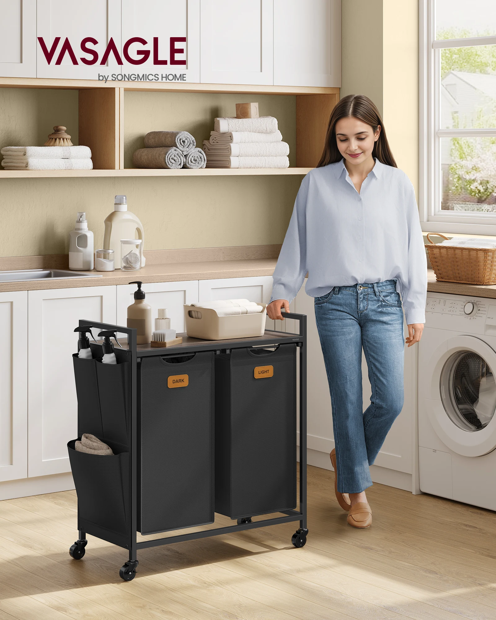 VASAGLE Panier à Linge, Corbeille à Roulettes, Chariot avec Étagères, Sac, Poches Latérales, 6 Étiquettes, 2 Compartiments, 100 L, Noir d'Encre et Marron Cendré