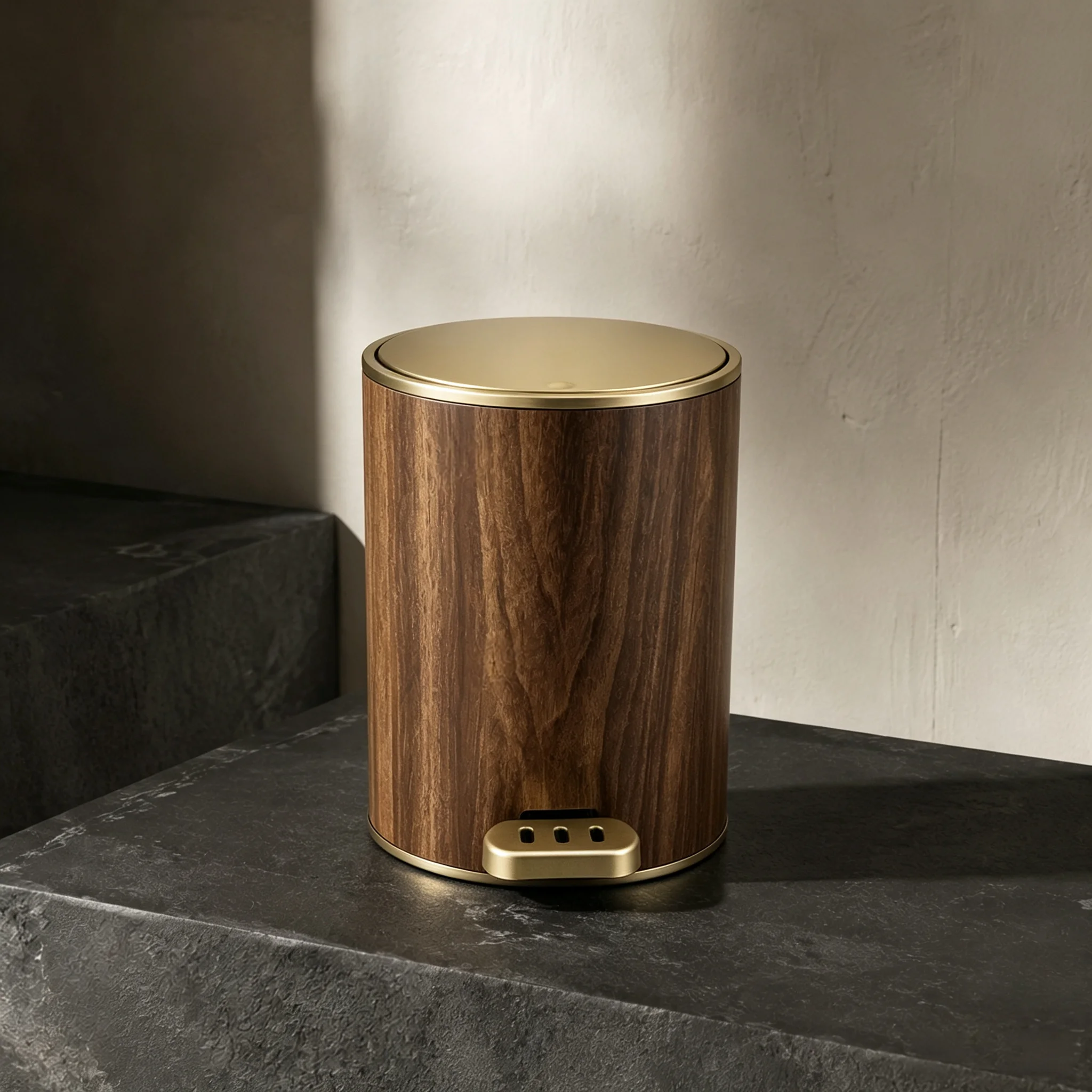 Vintage Farmhouse Wood Print Pedal Trash Can, Round Soft‑Close Foot‑Operated Lidded Waste Bin, Hidden Garbage Bag Odor‑Proof Bin for Bathroom and Living Room
