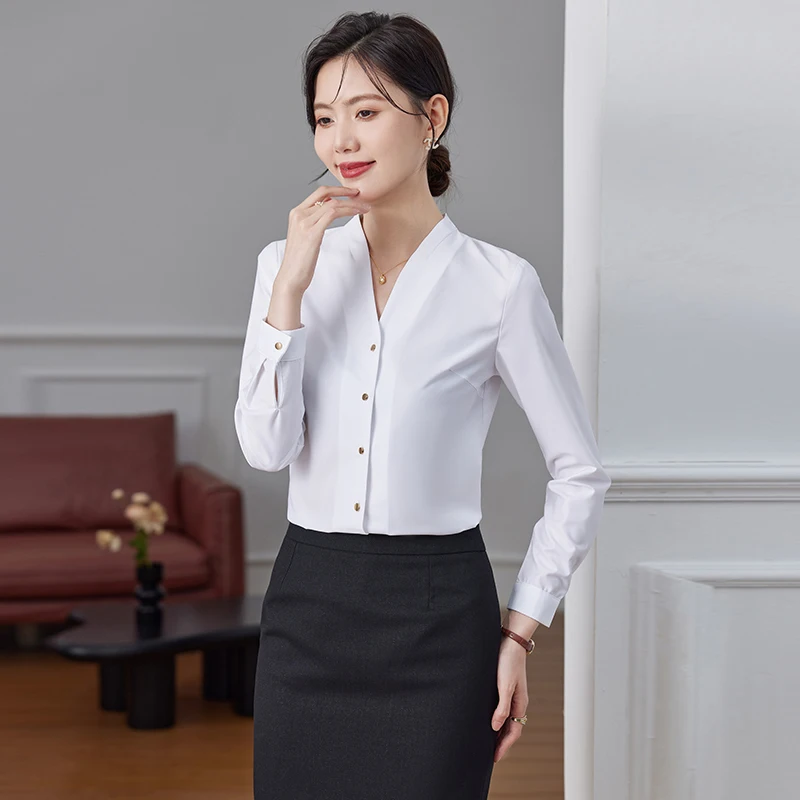 NAVIU 2025 nueva camisa de gasa Lisa Simple para mujer azul marino blanco blusas y Tops de manga larga para mujer blusas de oficina