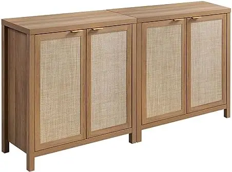 خزانة بوفيه جانبية من Boho Rattan مع أرفف قابلة للتعديل، وحدة تحكم مزرعة من خشب البلوط للمطبخ، غرفة المعيشة، المدخل، قطعتان #1