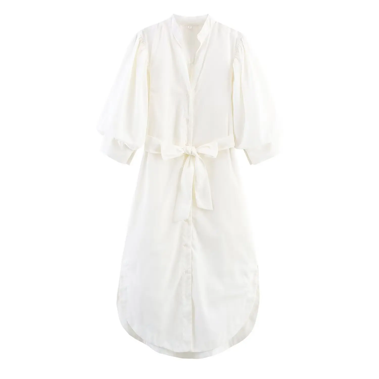 Maxdutti-vestido camisero de algodón blanco minimalista nórdico para mujer, vestido Midi informal con cinturón y manga abombada a la moda para ir al trabajo