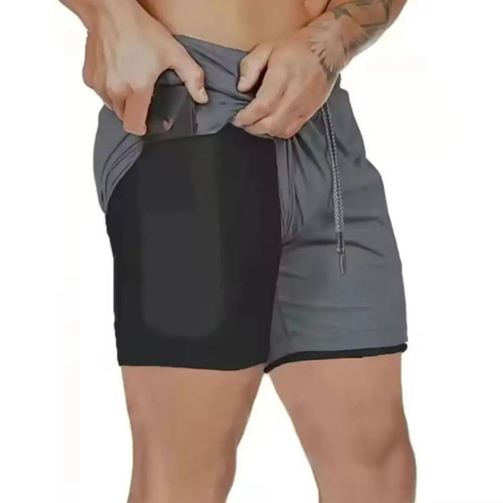2 في 1 شورت جري سريع الجفاف بطبقة مزدوجة شورت رياضي قابل للتنفس، شورت رياضي مرن بجيب للهاتف المحمول، شورت رياضي للتدريب #1