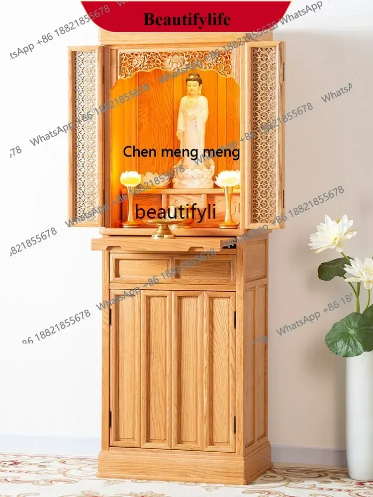 z183  Red Oak Solid Wood Buddha Shrine Altar Modern Household Shrine Clothes Closet with Door Fortune Buddha Cabinet