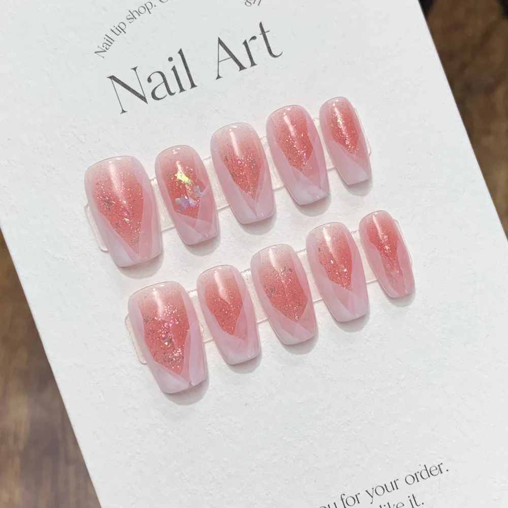 Handmade Pink Nails Set Press on Cute Korean Medium-length Artifical Nails Full Cover Nail Tips with Design Adhesive False Nails