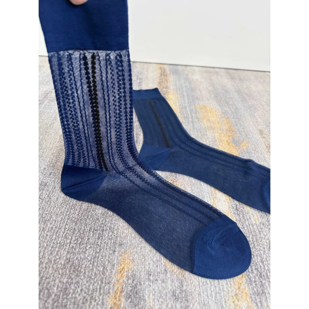 Limited Edition Mens Socks Brand Formal Short Socks Daily Deep Blue Sheer Wave Patterned Business Style Rich Man Fine Dress Sock