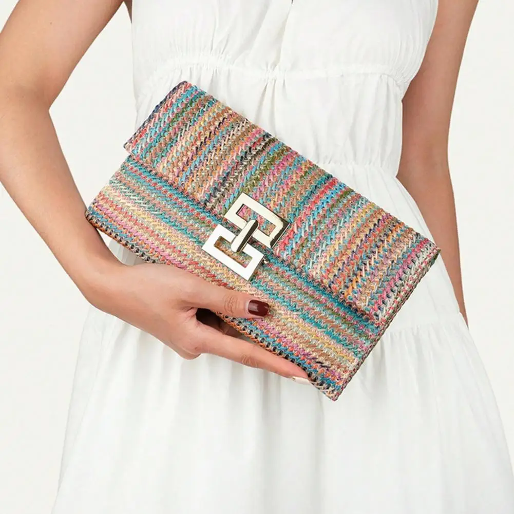 Women Clutch Bag Bohemian Foldable Double-layer Straw Braided Envelope Bag Solid Color Summer Beach Vacation Handbag