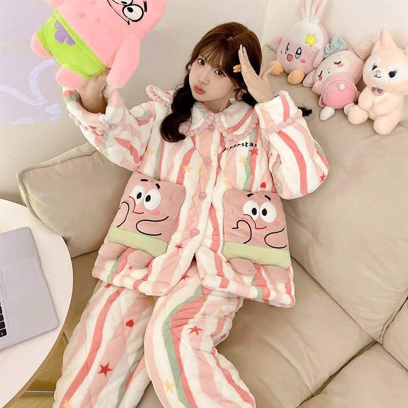 Cute Cartoon Patrick Star Women's Pajamas Autumn and Winter Thickened Coral Velvet Three-Layer Quilted Cold-Proof Home Clothes