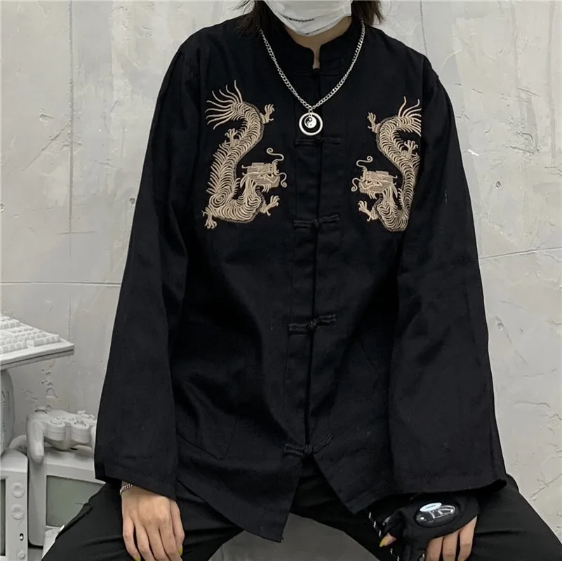 QWEEK Harajuku Blusen Frauen Chinesischen Stil Dragon Shirt Stickerei Strickjacke Langarm Tops 2021 Mode Retro Streetwear Chic