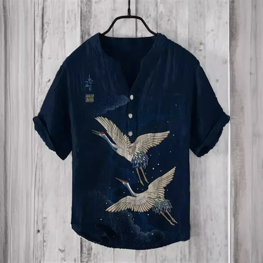 2024 cross-border summer new 3D digital heat transfer animal landscape 3-button large size stand-up collar short-sleeved shirt
