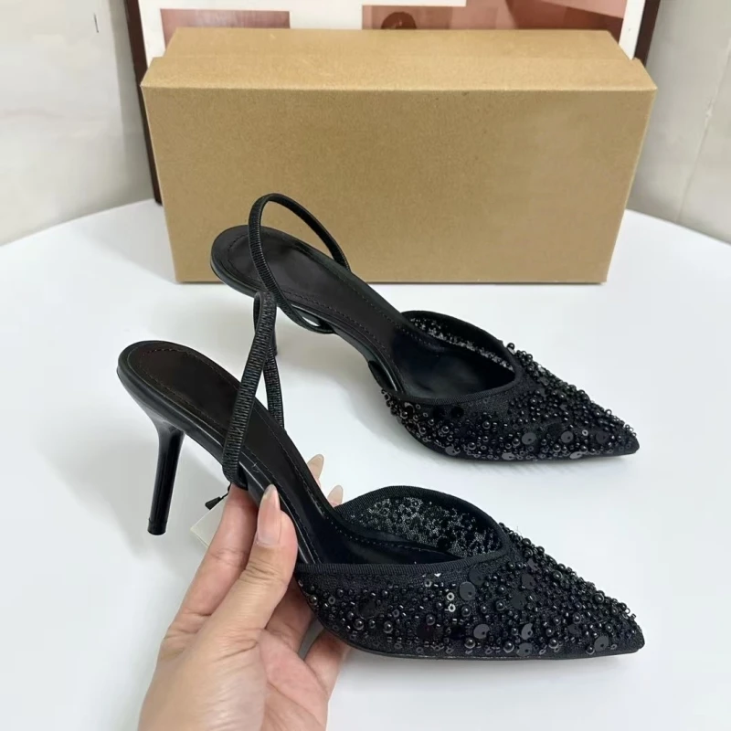 جديد مطرز شبكة Slingback الكعوب للنساء الفاخرة أشار تو كعب مضخات مكتب سيدة مضخات الصيف خنجر الأحذية الصنادل 2025