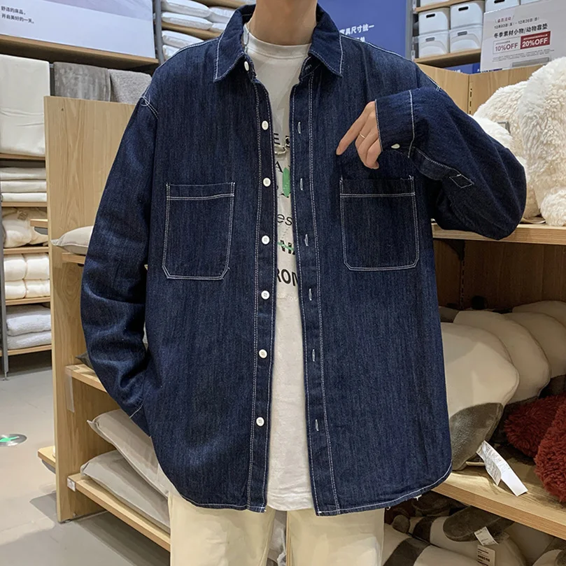 Long Sleeve Denim Shirts Men Plus Size Outerwear Oversize Japan Vintage Jeans Top Shirt Male Clothing 2023 Spring Summer