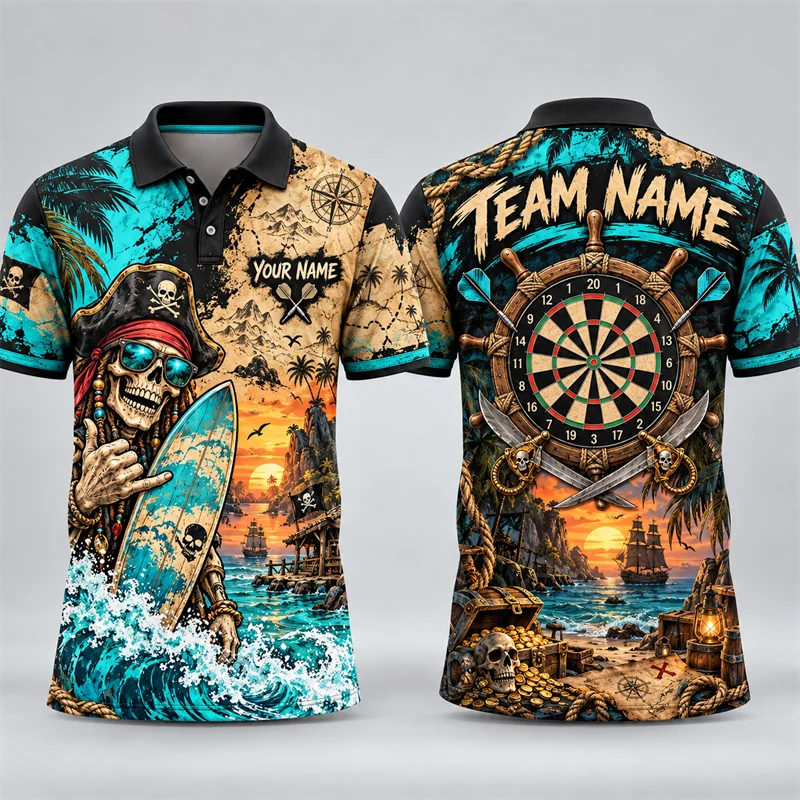 Custom Darts Polo for Men Personalized Team Name Sugar Skull Pirate Goat Gorilla Flamingo Print Short Sleeve Tournament Jersey