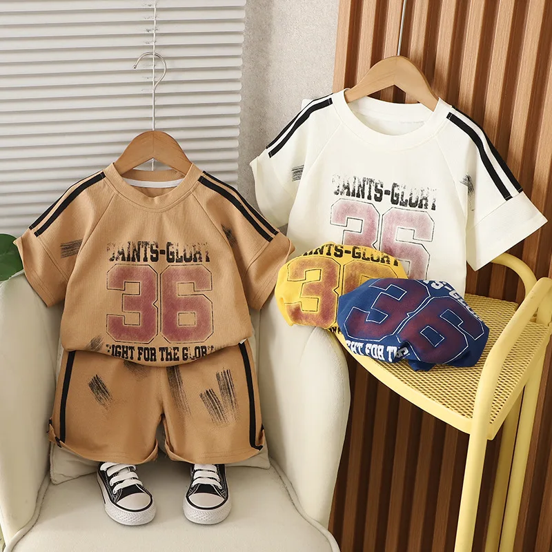 

Милый детский спортивный костюм, летняя одежда, хлопковый модный костюм с короткими рукавами для маленьких мальчиков, футболка + шорты, комплект из 2 предметов, От 6 месяцев до 5 лет