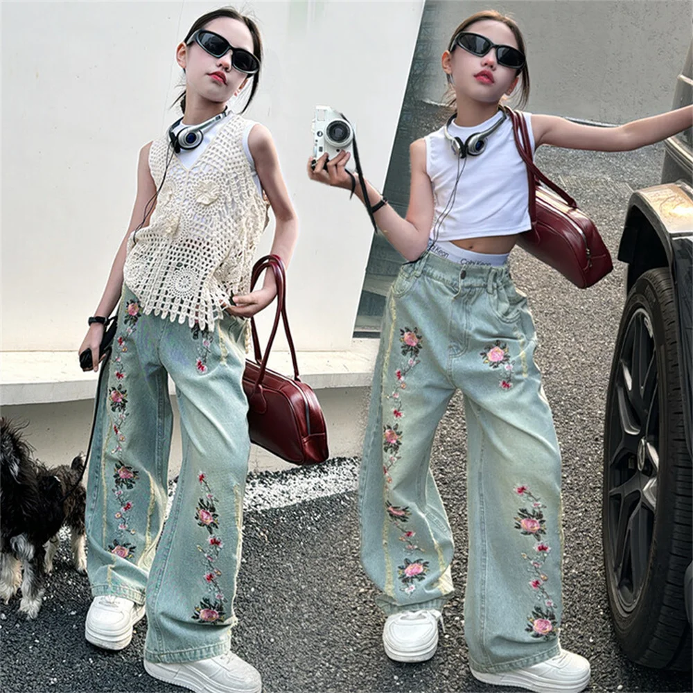 

2A037 Fashion Girl's Embroidered Jeans Wide Leg Pants Children's Jeans Denim Straight Leg Pants Girls' Jeans