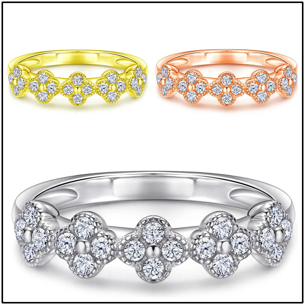 

Fashionable s925 sterling silver plated 18K gold PT950 platinum diamond lined clover ring, light luxury index finger ring