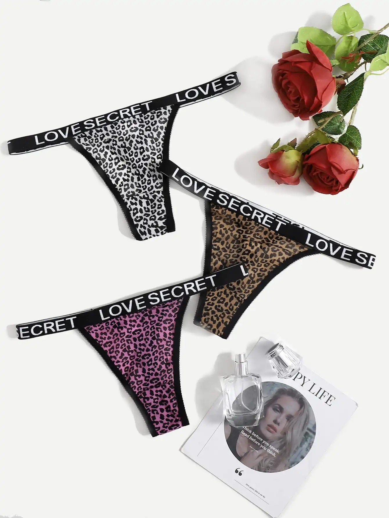 Sexy Leopard Print Thong for Women Invisible Underwear Letter Ribbon Design Three Color Combinations C902