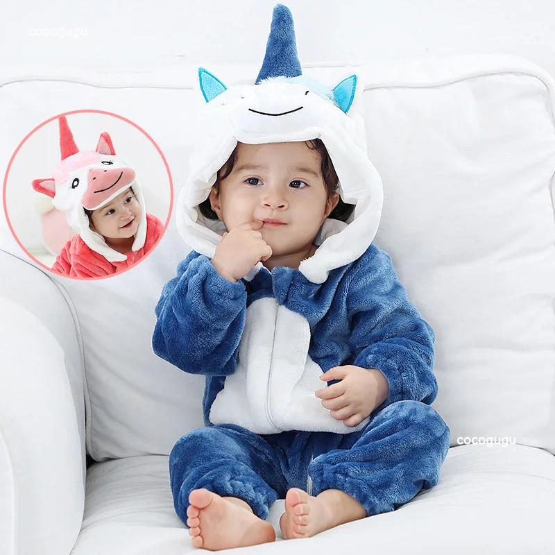 Blue Pink Unicorn Romper Baby Boy Girl Pajama Bebe Clothes Cute Bodysuits Flannel Warm One-piece Winter Halloween Animal Outfit