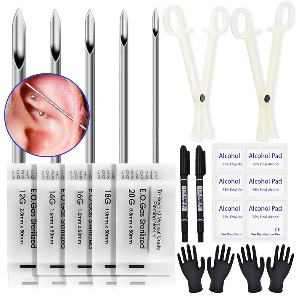 Body Piercing Kit with Piercing Needles 12/14/16/18/20G Piercing Clamps Glove Marker Pen for Ear Nose Belly Eyebrow Piercer Tool