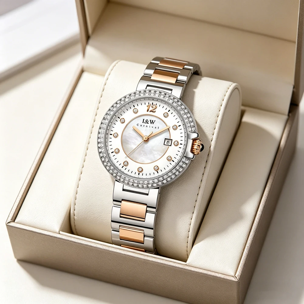 Carnival  Brand Luxury Sapphire Crystal Mirror Quartz Watch for Women Stainless Steel Waterproof Calendar Diamond Womens Watches