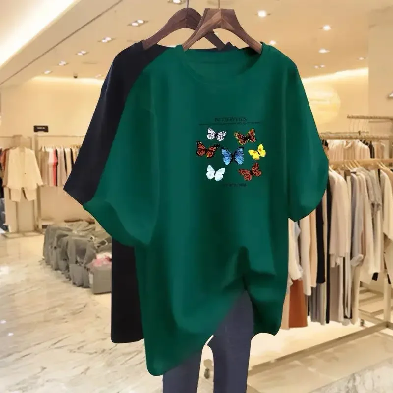 

Women Fashion Butterflies T-shirt Summer New O-neck Short Sleeve Pure Cotton Loose Pullover Lady Basics Top Tee