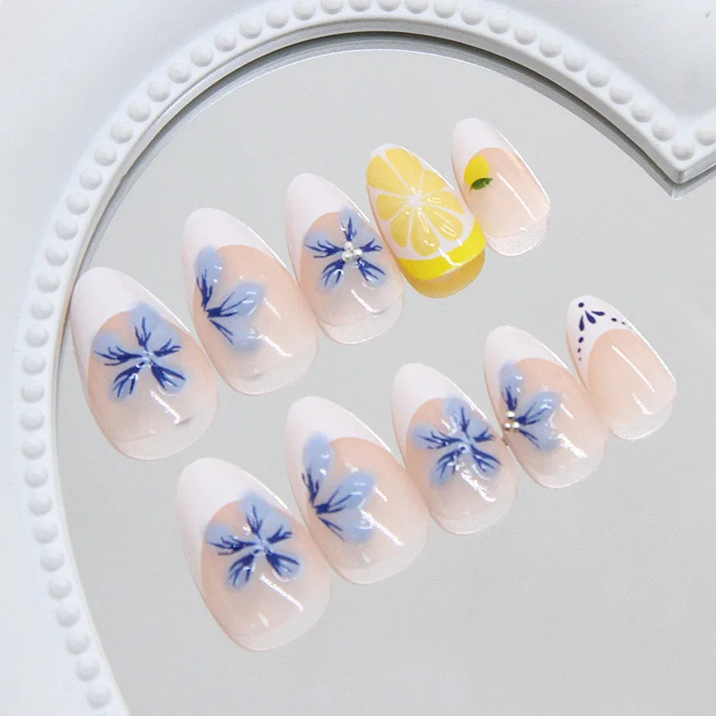 24 Pcs Nail Tips 3d Blue Flower Press on Nails French Short Almonds False Nails with Design Cheap self-adhesive Sticky Nails Set